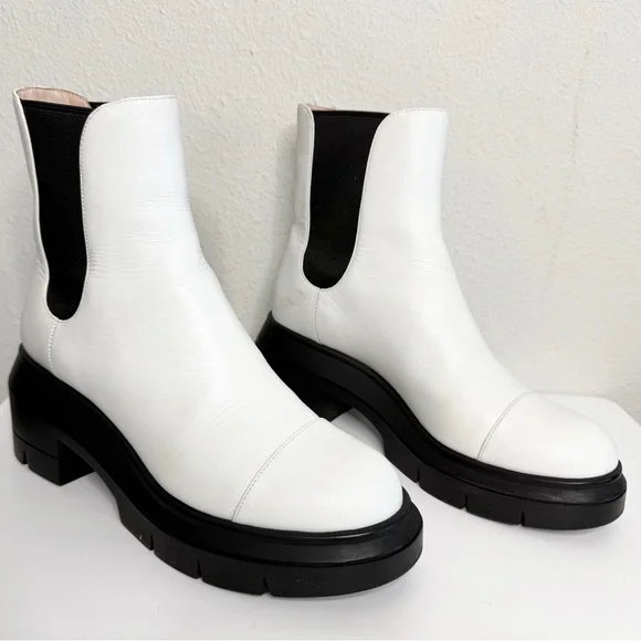 Stuart Weitzman Norah Chelsea Chunky Platform Boots in White Leather Size 37.5 - Picture 2 of 11